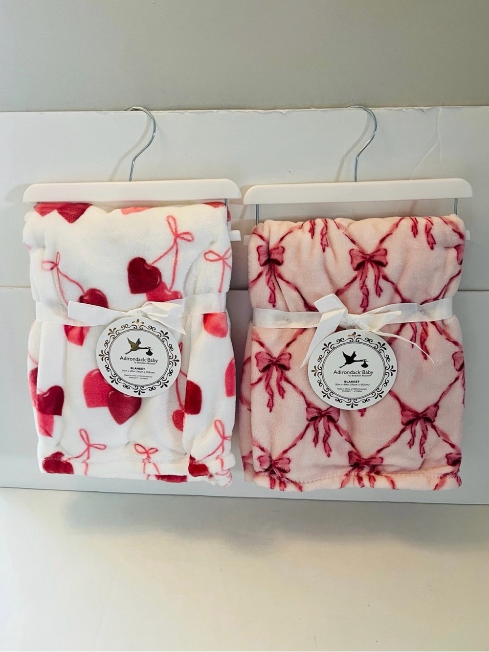 Adirondack Baby by Berkshire Lot of 2 Baby Blankets White Pink Heart Cherry Bow